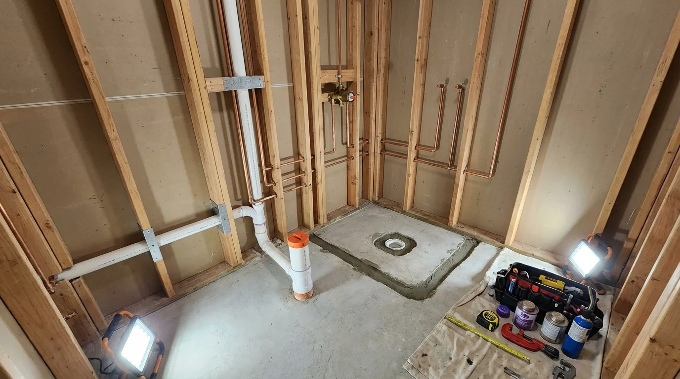 Bathroom rough-in plumbing during remodel by Johns Plumbing LLC in Mayodan