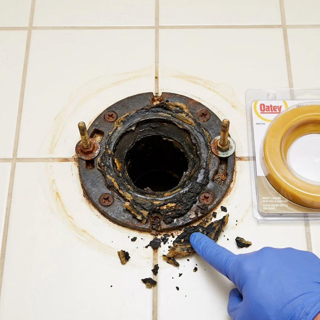 Failed wax ring showing water seepage at the base of a toilet in a Mayodan, NC home